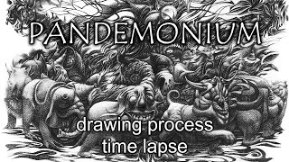 Drawing 'Pandemonium'. Time lapse recording of drawing process. Graphite pencil on paper.