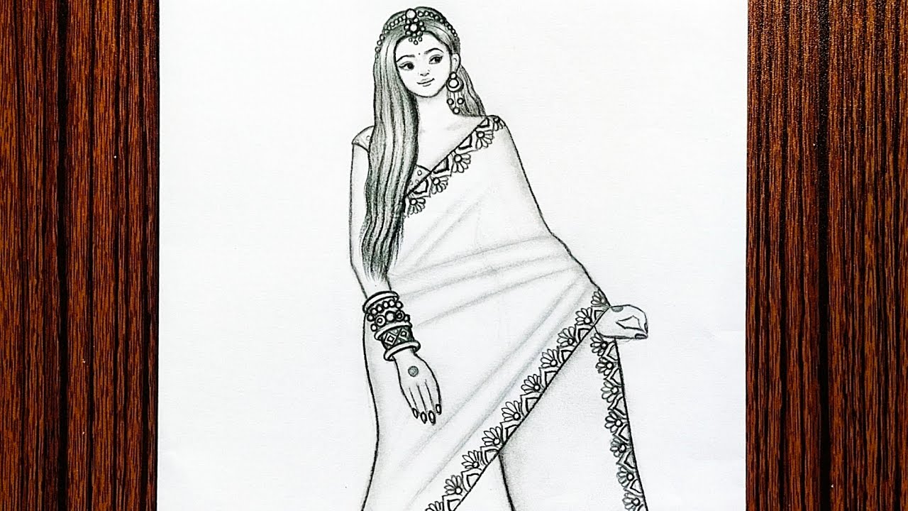 Girl saree picture! how to draw girl saree drawing | Girl sketch, Girl  photography, Girl drawing