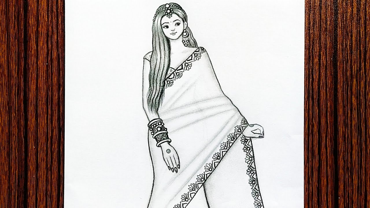 How To Draw A Traditional Girl With Beautiful Saree Girl Drawing Easy 