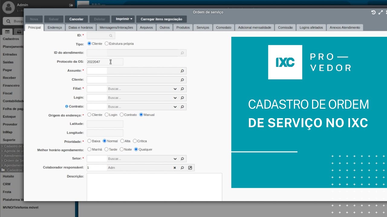 Cadastro de Ordem de Serviço no IXC Provedor