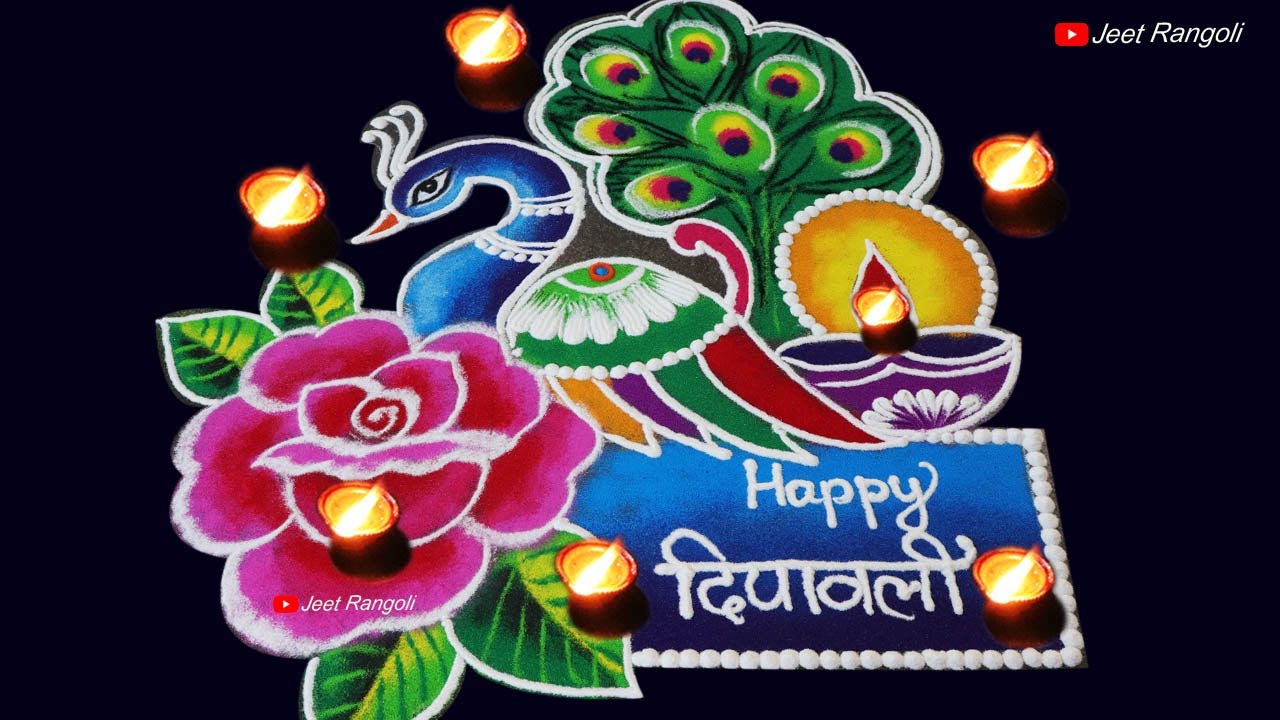Diwali special beautiful rangoli design with peacock, Diya and ...