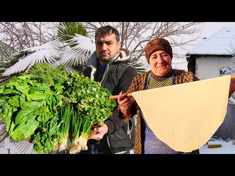 Sebzelerden qutab - Azerbaycan köy yaşamı yemek tarifi | Köyün büyükannesi yemek yapıyor