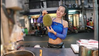Durian, Roti, Coconut Flavored Sticky Rice, Egg by PUY Roti lady at Bangkok street food Thailand