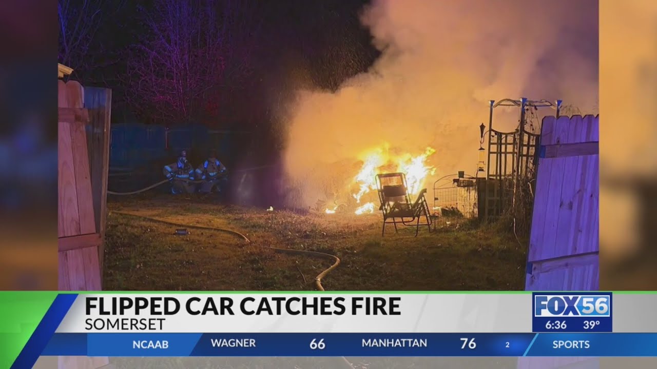Car flips, catches fire in Somerset - YouTube