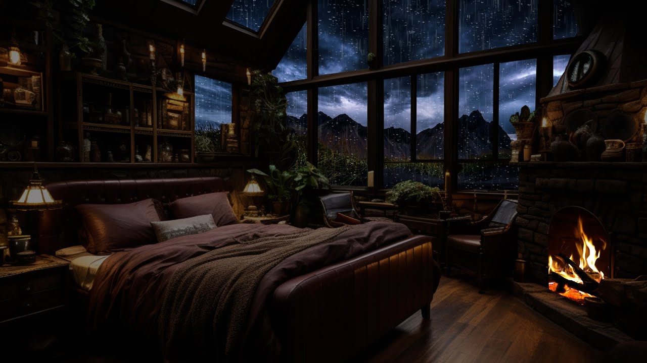 Cozy Cabin Ambience - Rain and Fireplace Sounds at Night 3 Hours for ...