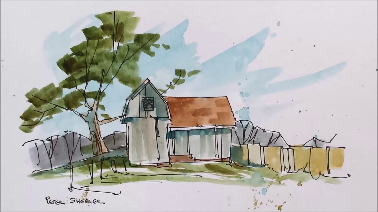 A very quick and simple, line and wash, Watercolor Barn painting. - YouTube