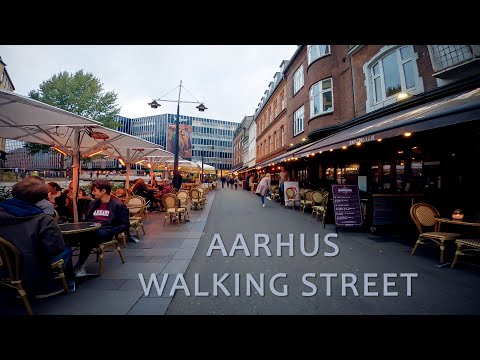 Aarhus walking tour in the walking street | 4K