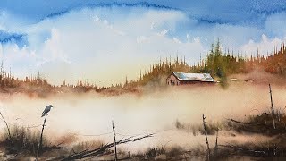 Watercolor painting autumn landscape ”The Barn”-step-by-step tutorial
