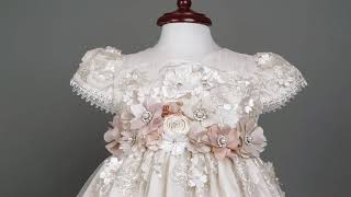 Burbvus Christening Gown Girl G019 | Handmade Baptism Dress 100% Silk | Lace Outfit, Shoes & Bonnet