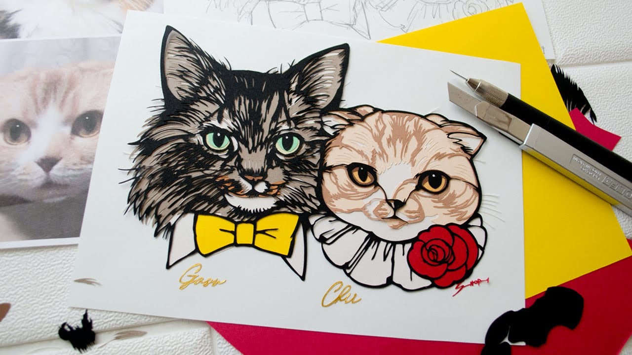 猫／切り絵】おめかし似顔切り絵オーダーの制作過程【Cat/Paper