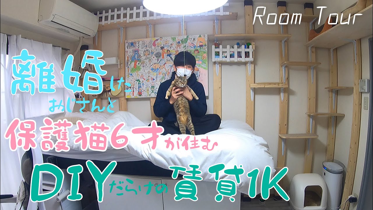 【ルームツアー】猫と離婚おじさんが暮らす。賃貸１KのDIY部屋