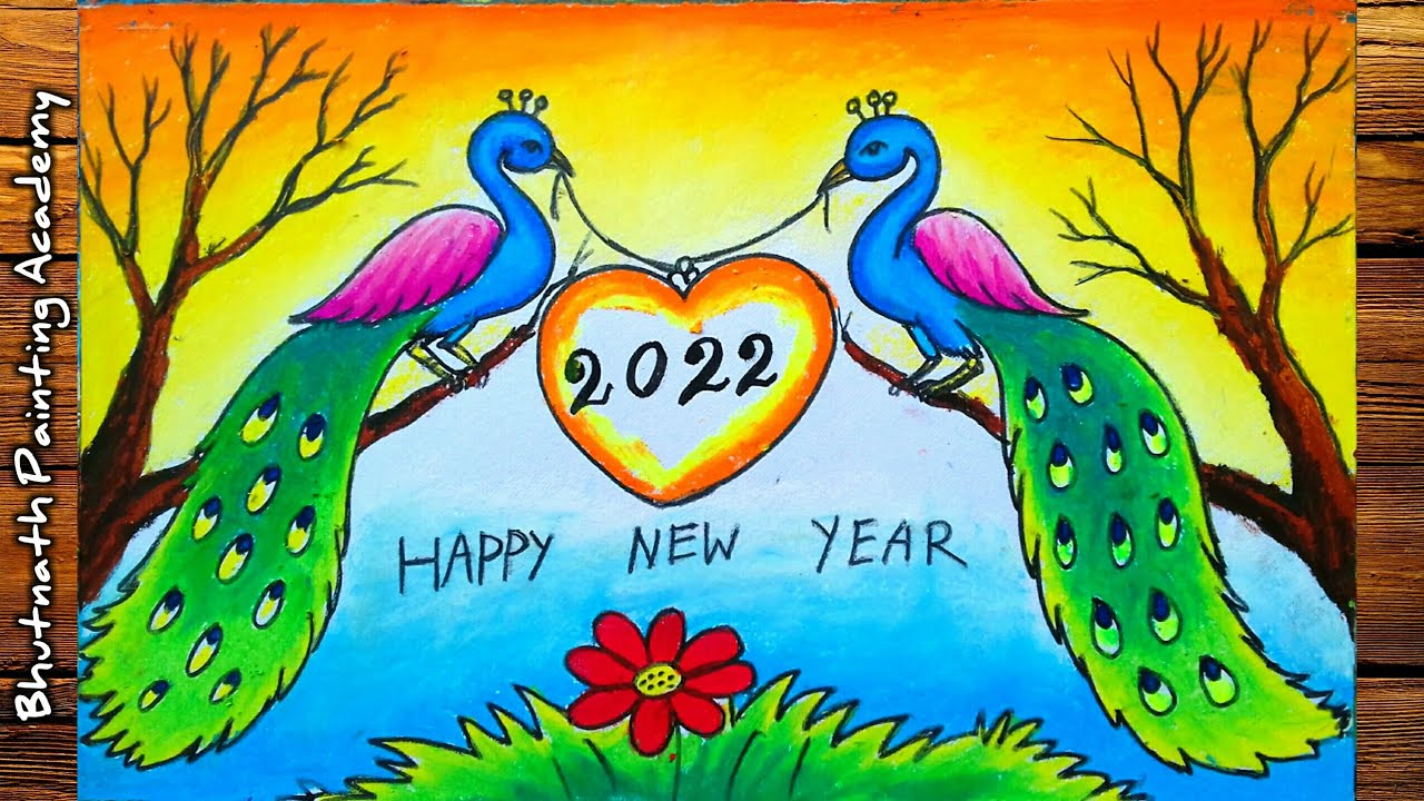 happy new year drawing||2022||peacock scenery drawing - YouTube