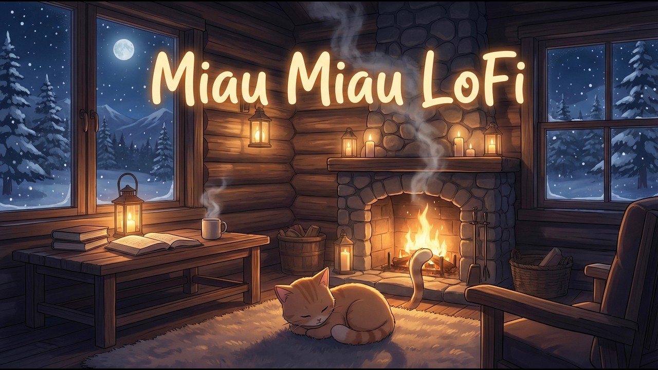 2 Hours of Cozy Cabin LoFi with a Cat 🔥🐱 | Snowy Night, Study, Relax, Focus