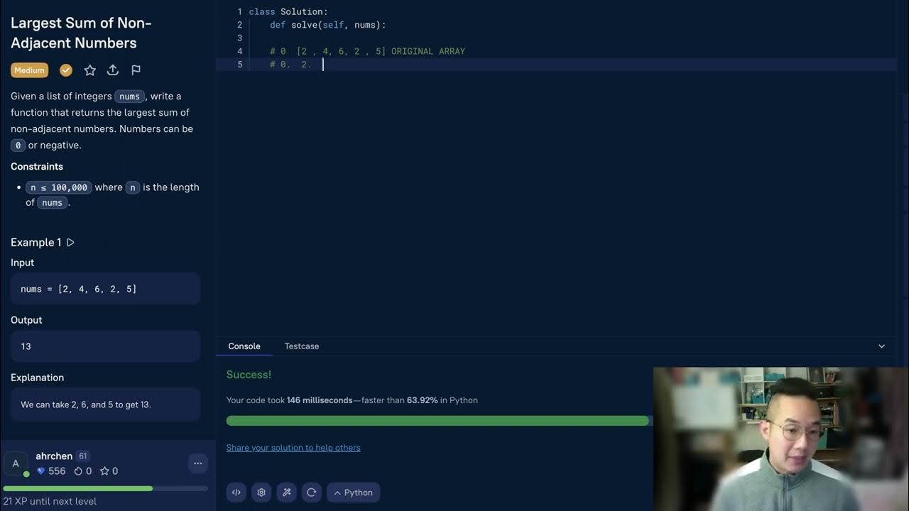 Largest Sum of Non-Adjacent Numbers (binarysearch.com) - YouTube