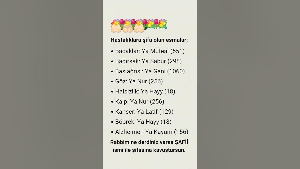 Hastalıklara Şifa Olan Esmalar... #allah #dua #dualar #maneviyat #ayet #faziletlidua #hadis