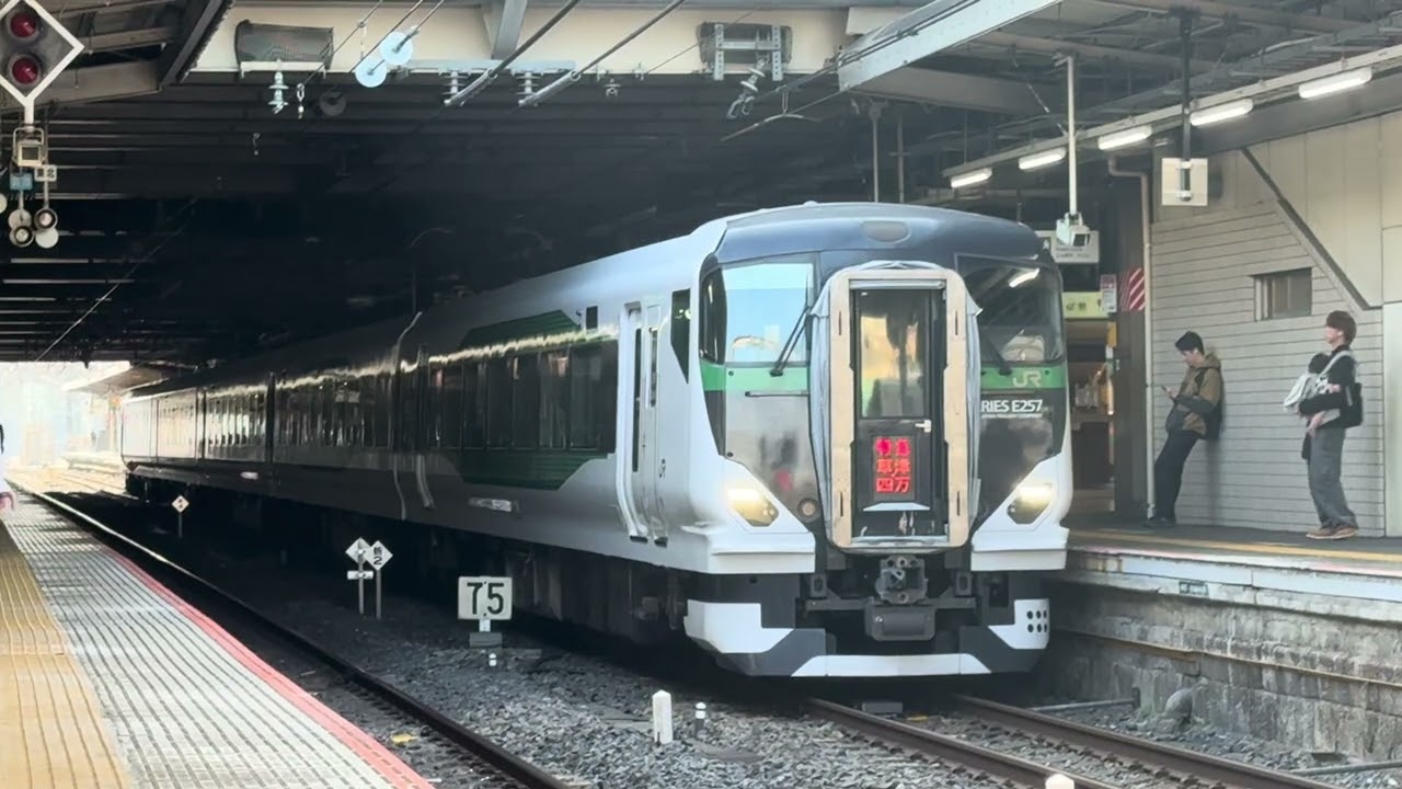 E257系5500番台OM-55編成が大宮駅を入線、発車するシーン