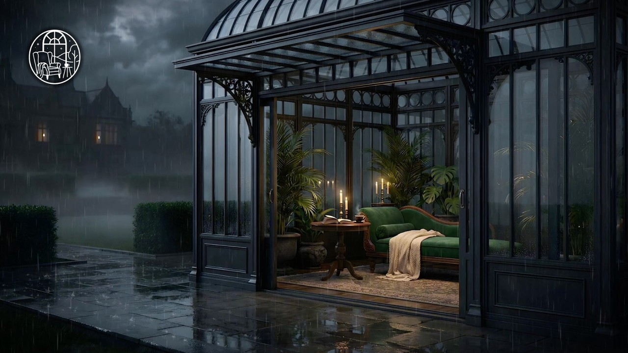 Heavy Rain on Garden Conservatory Glass | Brown Noise | Wind Down
