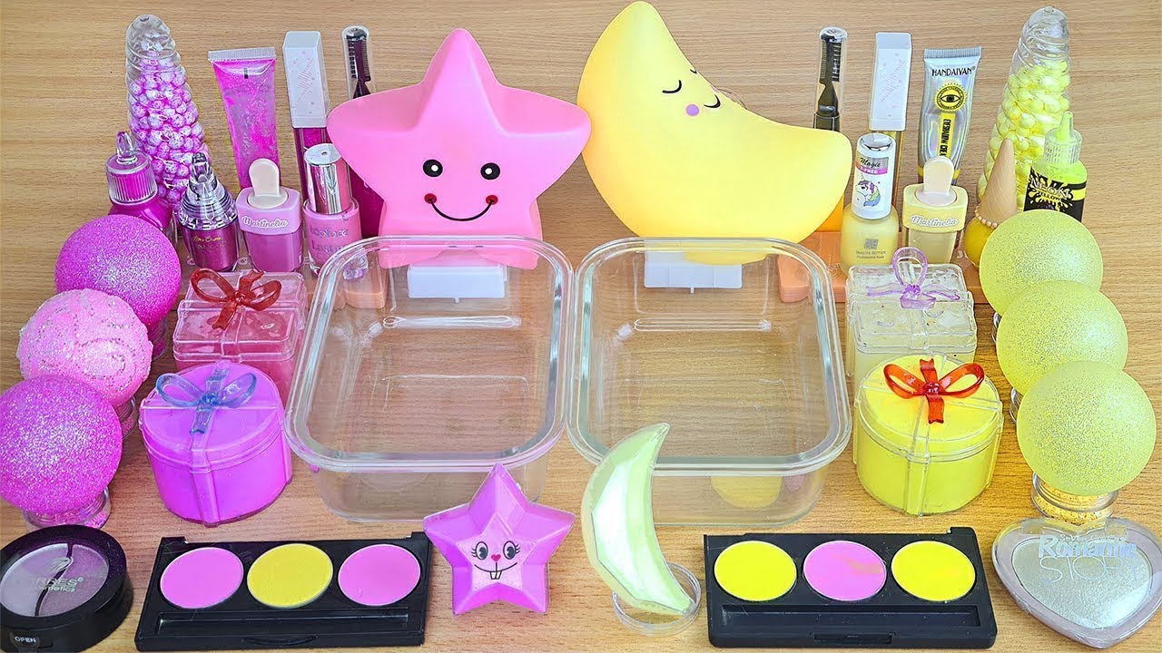 PINK vs YELLOW SLIME Mixing makeup and glitter into Clear Slime Satisfying Slime Videos 1080p