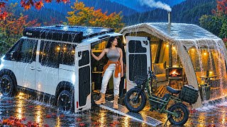 ☔️ Heavy Rain Camping in a PV5 Camper Van with an Inflatable Tent 🏕️ Rain Sounds . Electric Bike .