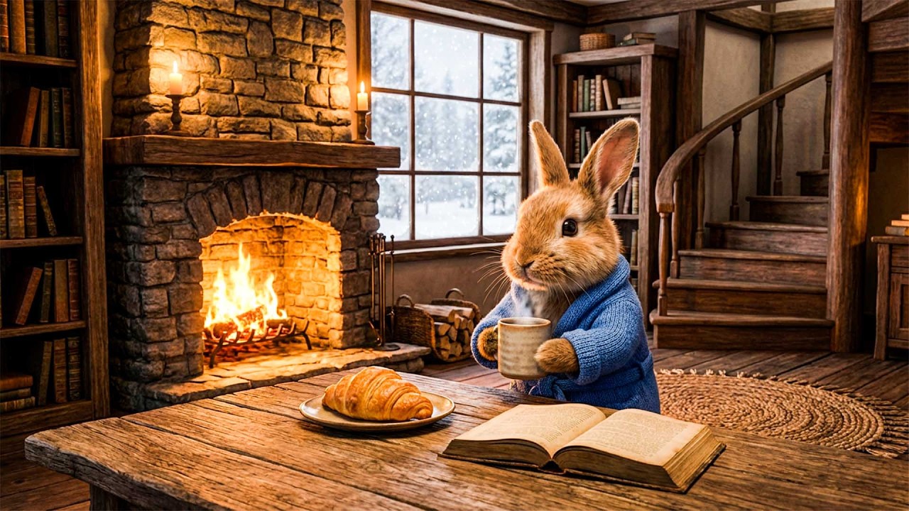 Bunny's Cozy Morning Retreat🌸Soft Fantasy Music • Fireplace & Snowy Ambience for Peaceful Relaxation