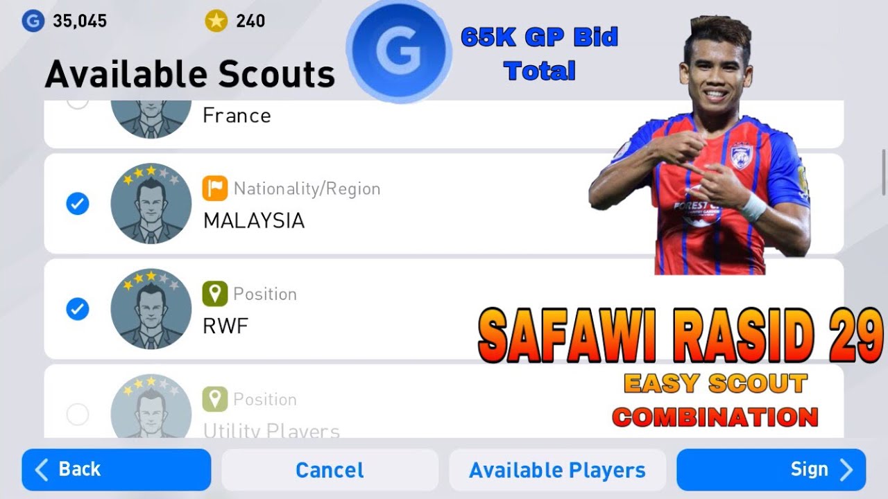 How To Get Safawi Rasid Pes 2020 Mobile Easy Trick Scout Combination Youtube