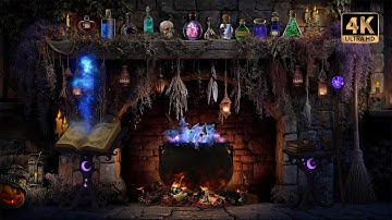 Witch’s Cauldron Halloween Fireplace 🧙‍♀️ Crackling Fire, Bubbling Cauldron & Magic Spells | 4K 🔥🪄