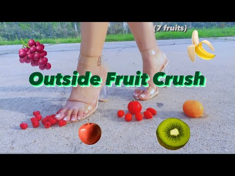 (Asmr) Crushing 7 different Fruits Outdoors 🍇🍎🍊🍌🥝🍅🫐 👠 #fruit #fruitcrush #outdoors #asmr