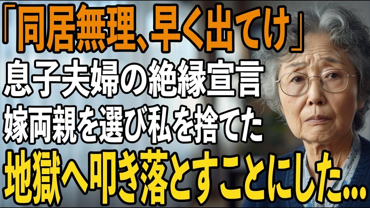 夕食を作っていた時、息子が突然「母さん、もう無理です。今すぐ出て行ってください」と言ったんです。三年前に夫を亡くし、八百万円を頭金として渡し、毎朝五時から起きて孫の世話をしてきた私に、息子の嫁は「正直、もう邪魔なんです」と平然と言い放ちました。そして後日、息子夫婦が「施設に入れます」と決めている会話を偶然聞いてしまったのです。私は静かに笑顔で「わかりました。出ていきます」と答えましたが、彼ら...