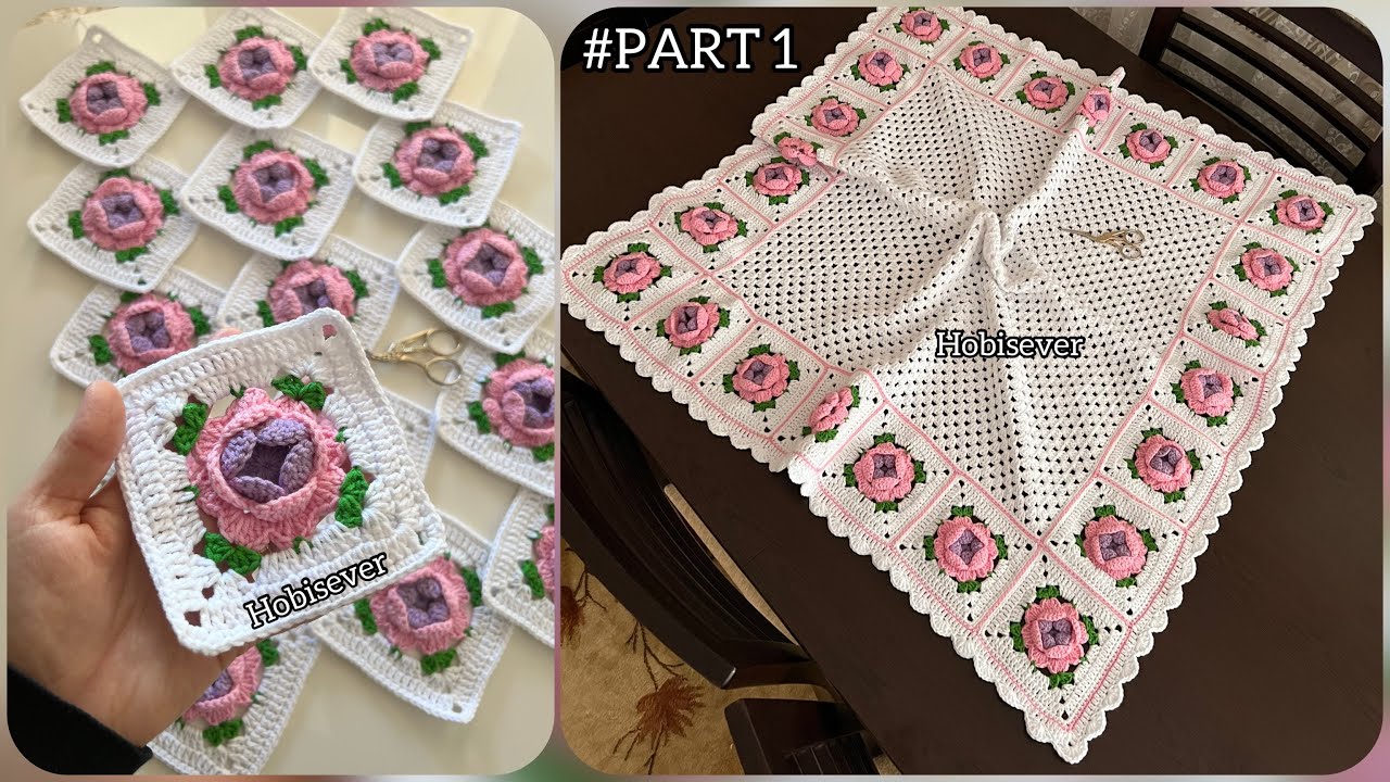 Простой квадратный мотив 3D розы крючком / Схемы детских одеял / СУБТИТРЫ