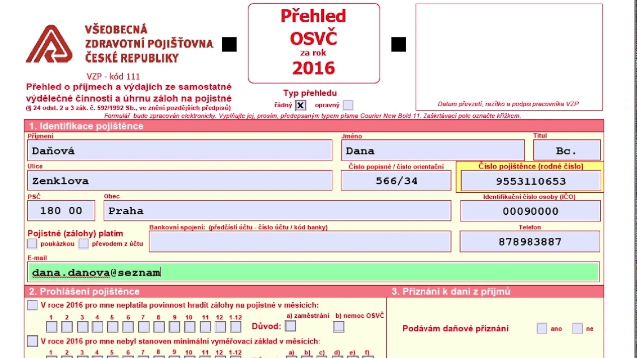 Vyplnění přehledu pro zdravotní pojišťovnu