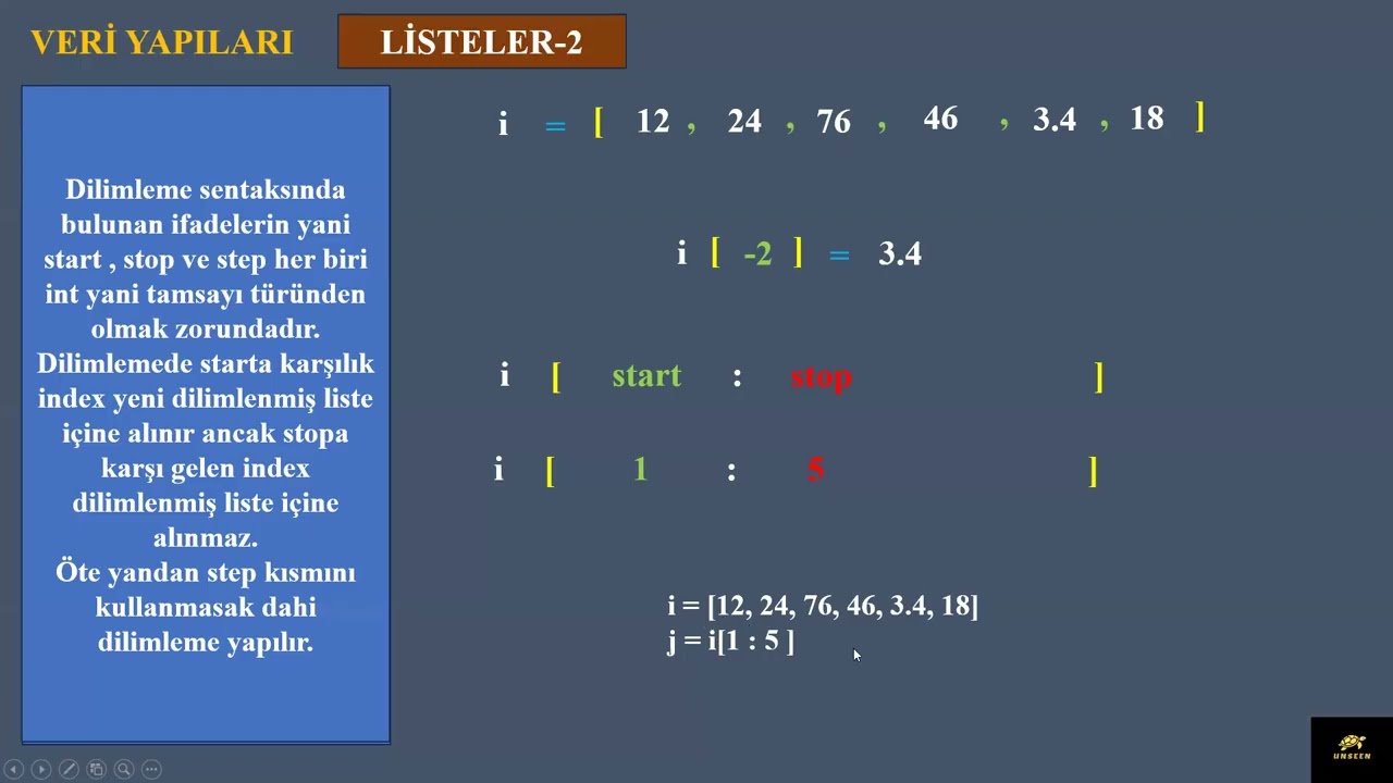 Python dilinde listeler de slicing(Dilimleme)
