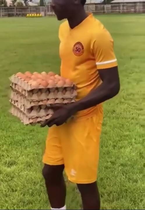 KENEDY MUSONDA WHEN AWARDED 5 TRAY OF EGGS AFTER BEING NOMINATED PLAYER OF THE MATCH IN ZAMBIA