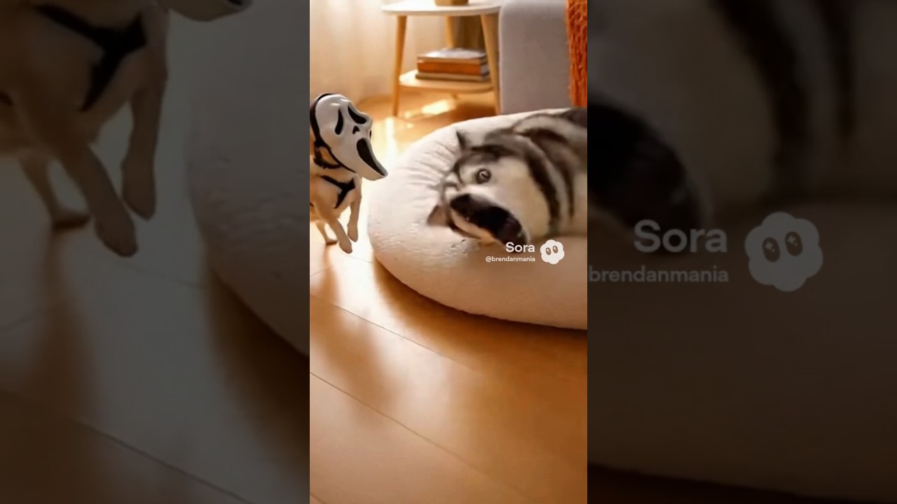Chihuahua with Spooky Mask Scares Husky 🤣