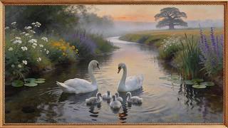 Swan Family at Sunset Creek | Vintage Oil Painting | 4K Frame TV Art | Serene TV Screensaver screenshot 5