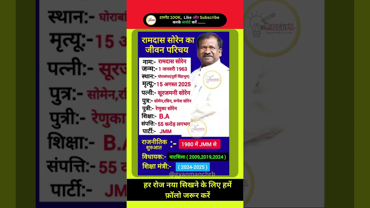 रामदास सोरेन शिक्षा मंत्री का जीवन परिचय  Biography Of Ramdas Soren 