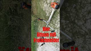 Stihl FS450 Bierflasche öffnen mit Motorsense Freischneider #bierkönig #stihl #bierundbrezeltabletop