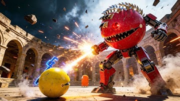 Pacman vs Spiky Monster and Excavator Robot in a High-Tech Lunar Labyrinth