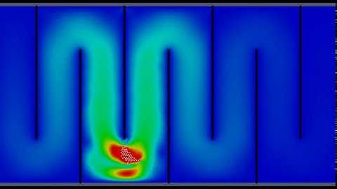 A swarm follows a leader in a tortuous fluid domain