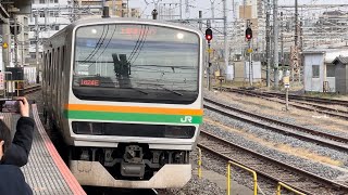 【4K高画質】E231系1000番台ﾔﾏU34＋U504編成が尾久駅2番線に到着停車するシーン（1624E）2023.4.22.15:39