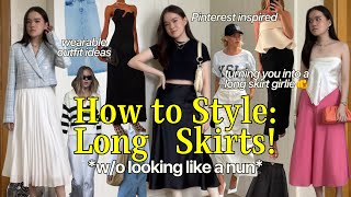 LONG SKIRT OUTFIT IDEAS / LOOKBOOK  (satin, pleated, denim midi skirt style inspo) | Alyssa Lyanne