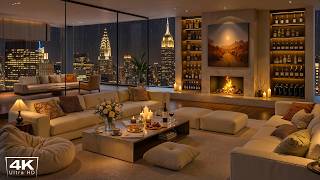 4K Luxury NYC Apartment at Night 🌃 Soft Piano Jazz, Rain & Fireplace Sounds to Sleep