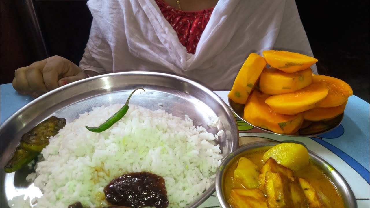 Eating sweet mango, mango pickle, rice, potol vaja and panner - YouTube