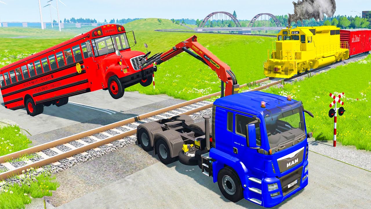Flatbed Trailer Tractor Truck Rescue Red Bus | Tractor vs Train | BeamNG.Drive Satisfying Video
