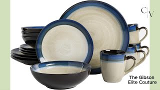 Gibson Elite Couture Bands Round Reactive Glaze Stoneware Dinnerware Set, Service for Four (16pcs)