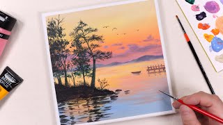 Sunset Lake Trees / Acrylic painting for beginners / PaintingTutorial