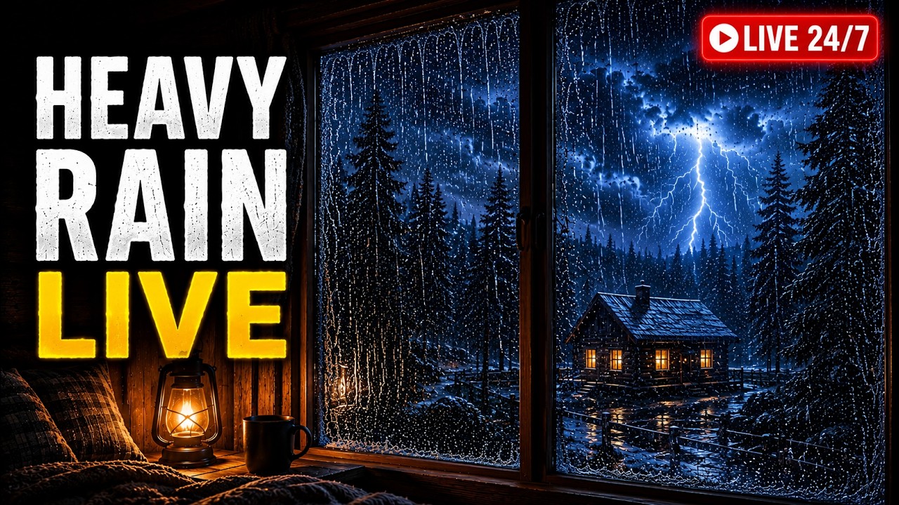 Window Howling 🔴24/7 LIVE Heavy Rain & Howling Wind on Forest Cabin Window 🌧️ ...