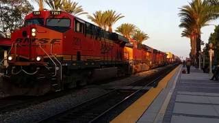 BNSF 7201 leads a double stack train out of Fullerton station