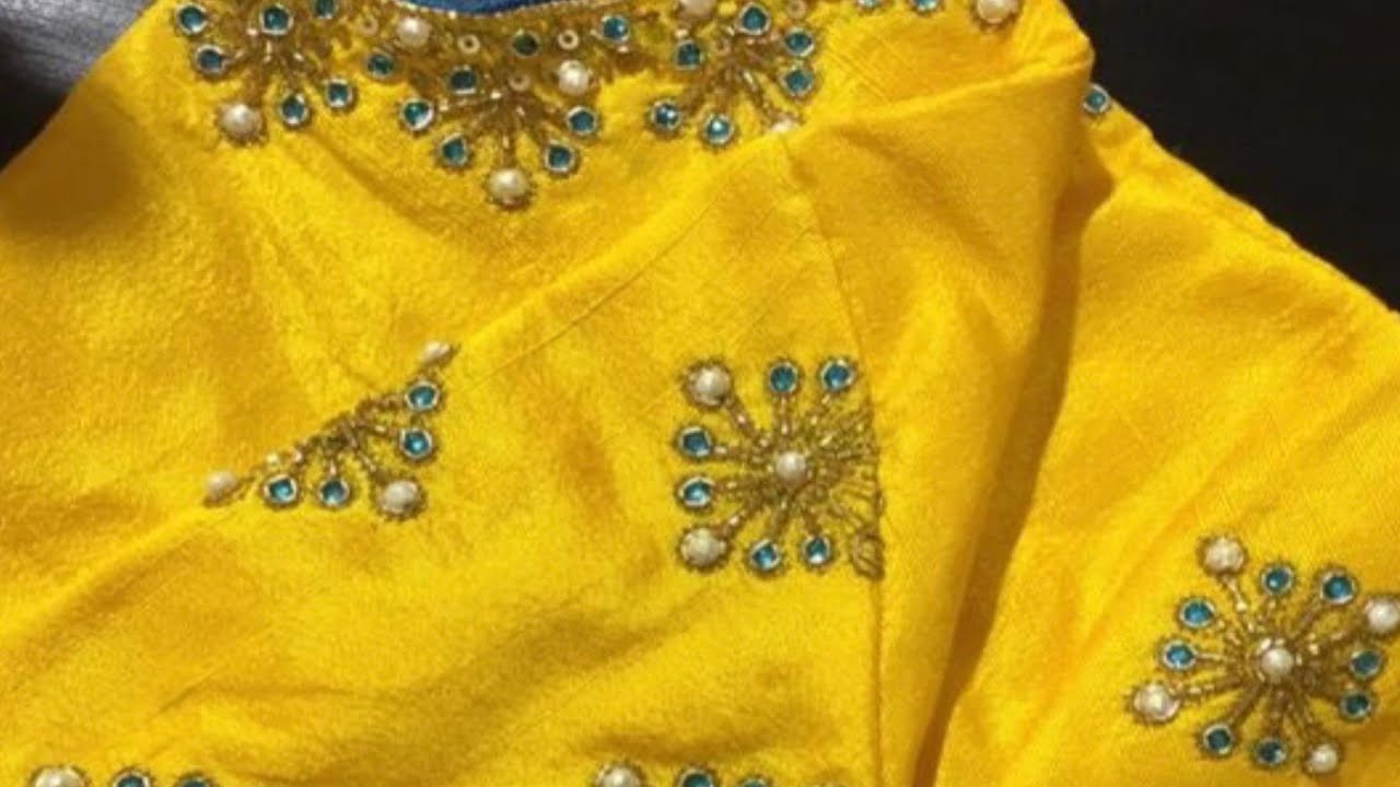 Pearl work and kundan work blouse neck design with normal stitching ...
