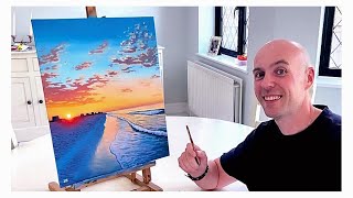 How to paint a Sunset over the ocean for beginners/medium - Acrylic painting tutorial ocean sunset