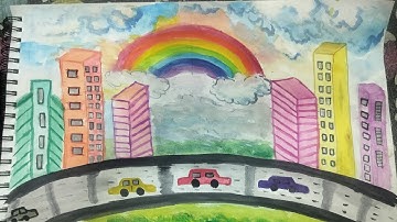 How to Draw a Rainbow & Building Scenery | Easy Step-by-Step Drawing for Kids & Beginners